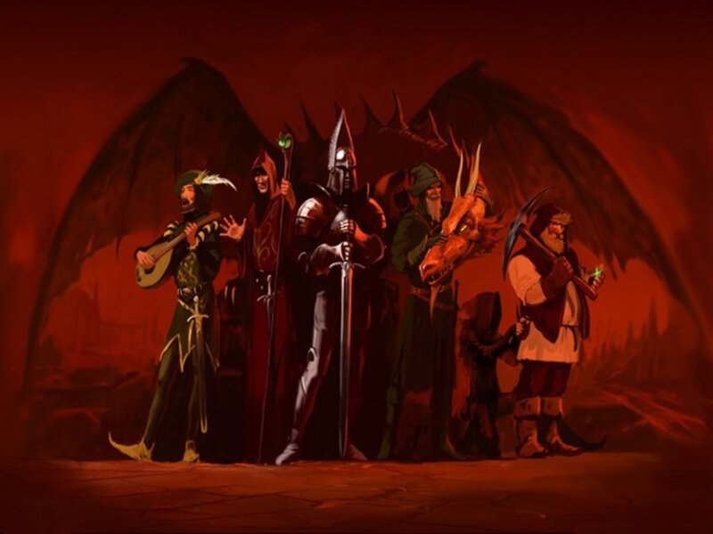 fantasy adventurers with dragon