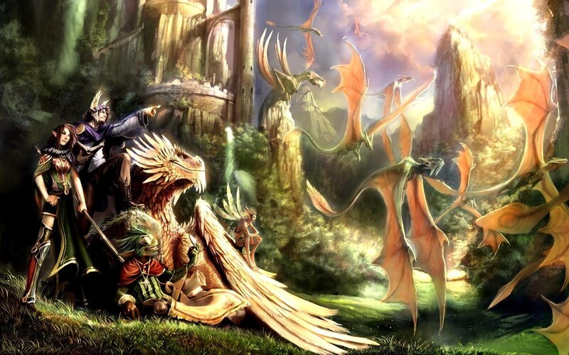 fantasy adventurers with dragons