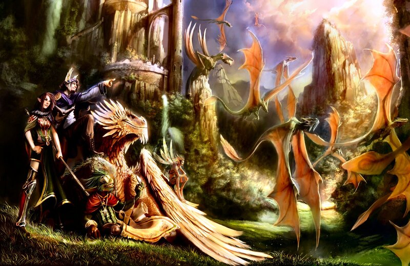 Fantasy Adventurers with Dragons — Green, Dramatic, Sunset