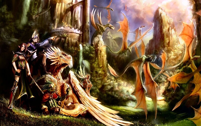 Fantasy Adventurers with Dragons — Green, Dramatic