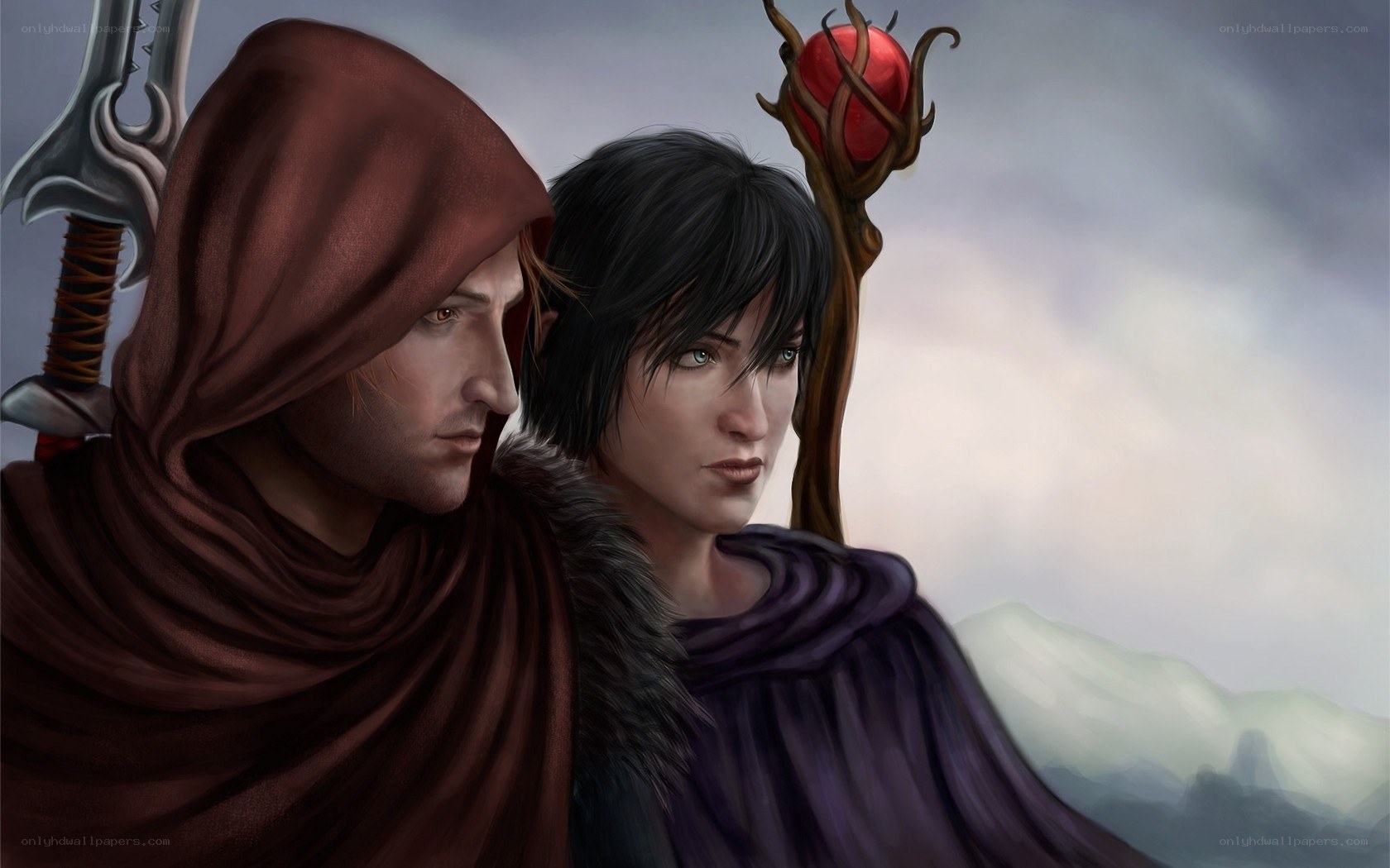 Fantasy adventurers with staff and sword