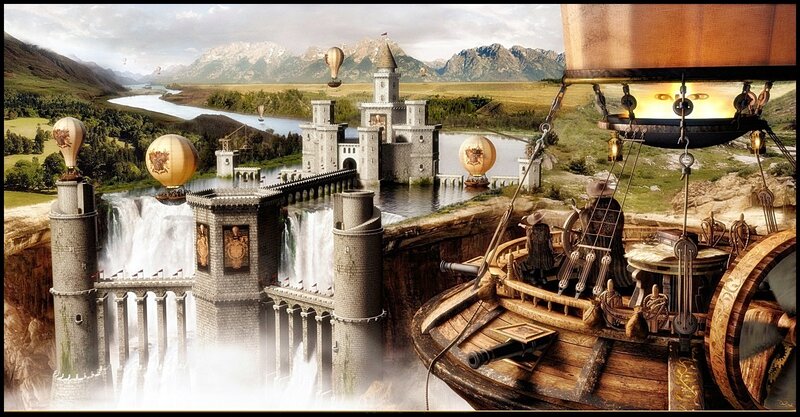 Fantasy airship over castle