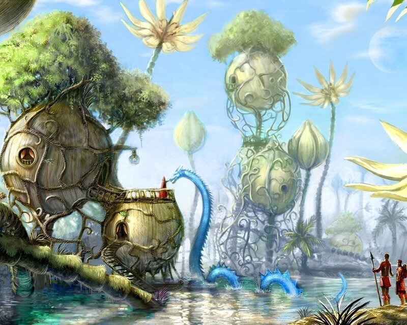 Fantasy alien landscape with creatures