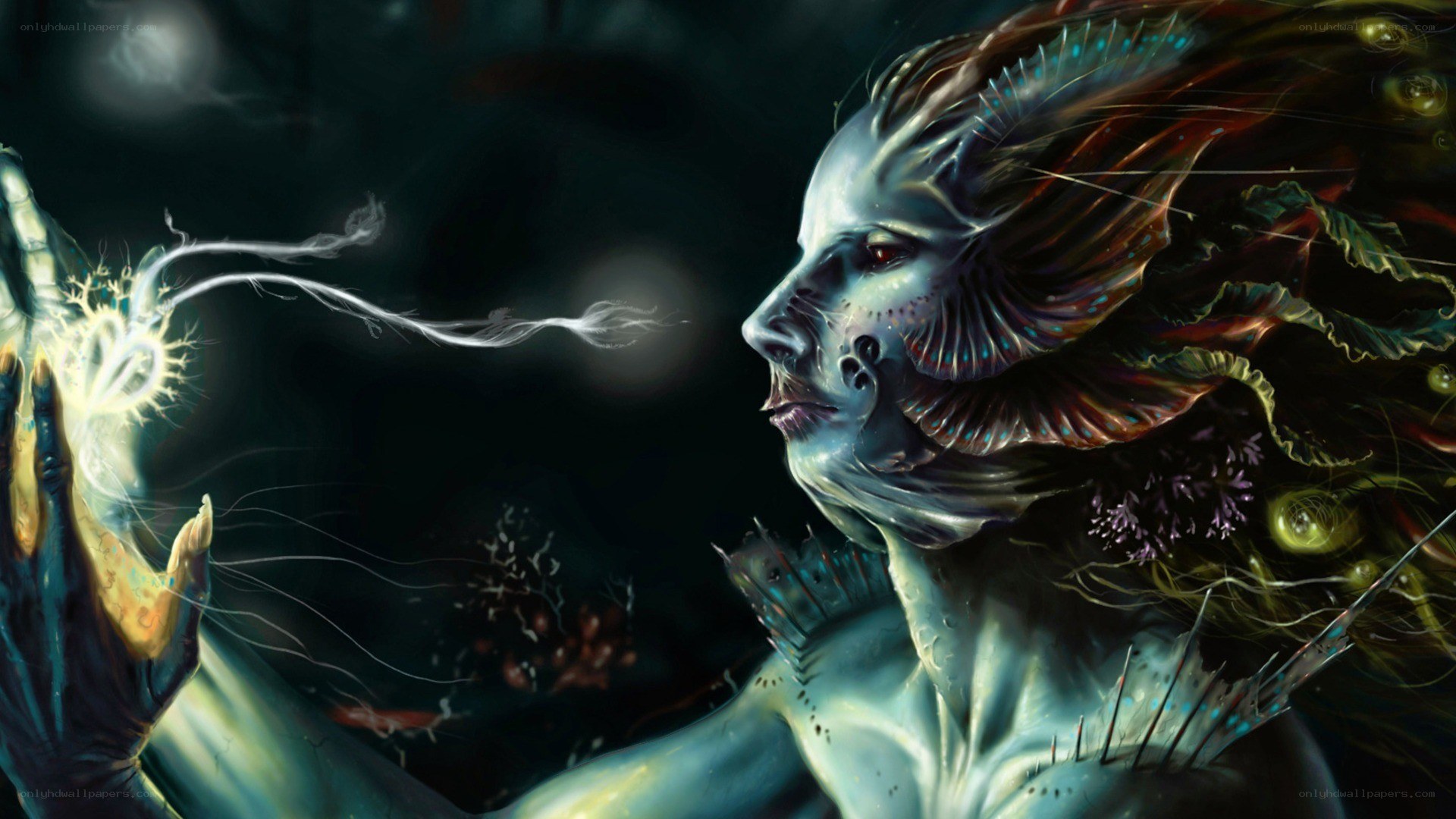 fantasy alien with glowing hand