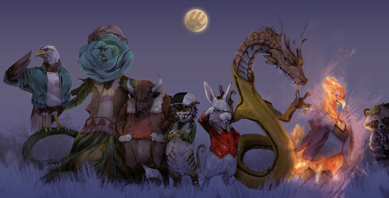 Fantasy animal characters at night