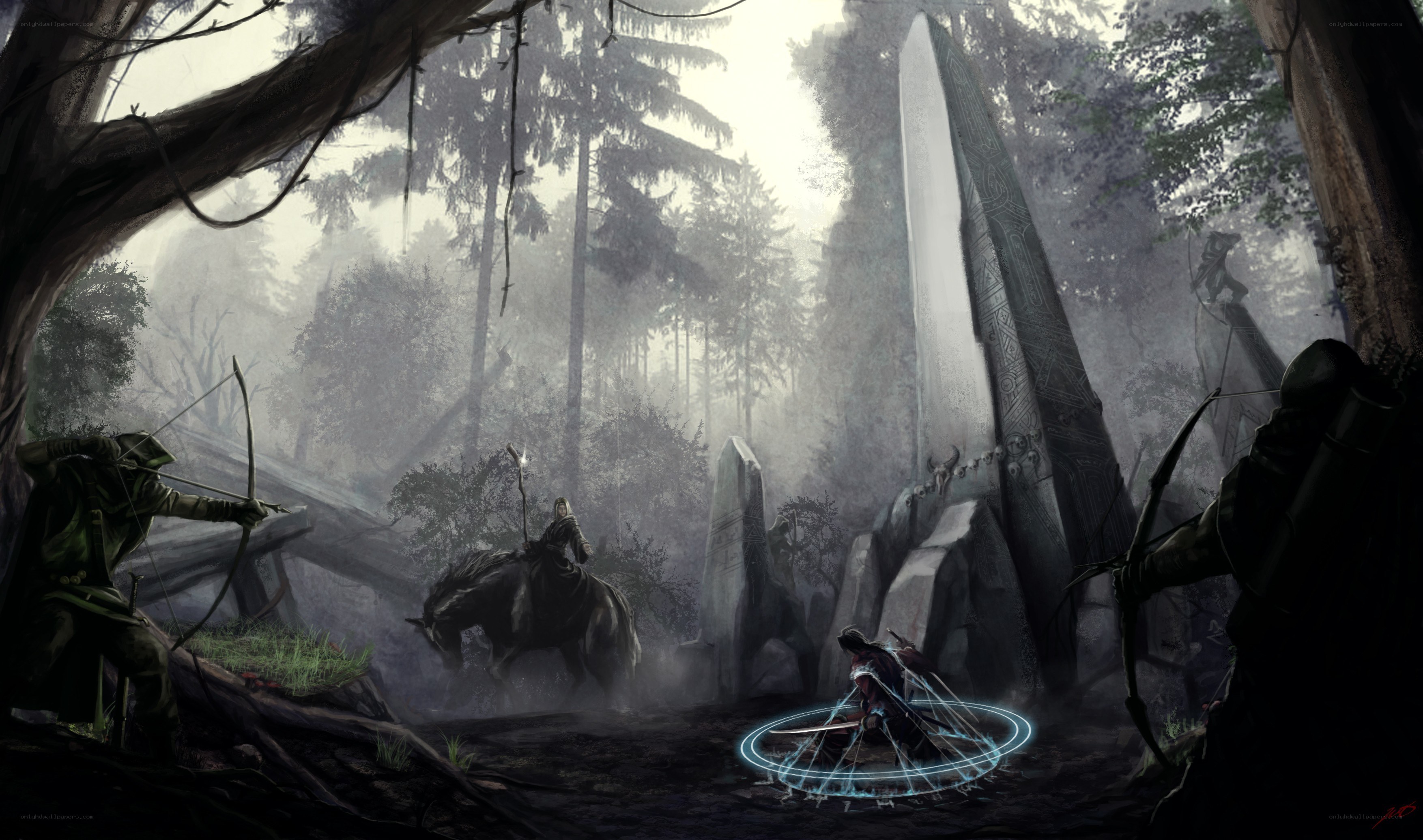 Fantasy archers in a misty forest