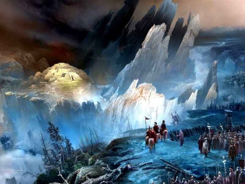 Fantasy army in mountain pass