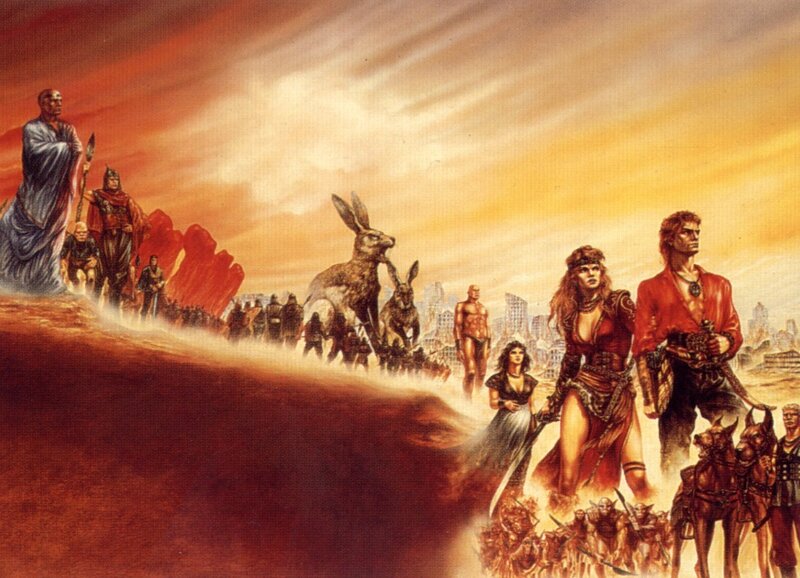 fantasy army marching at sunset