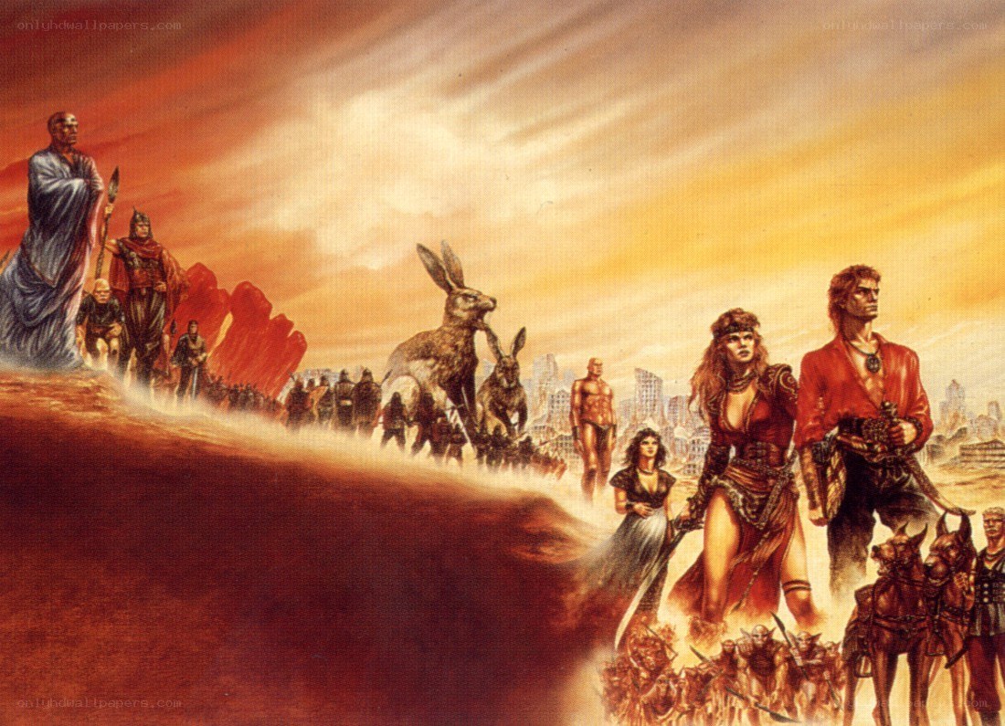 fantasy army marching at sunset