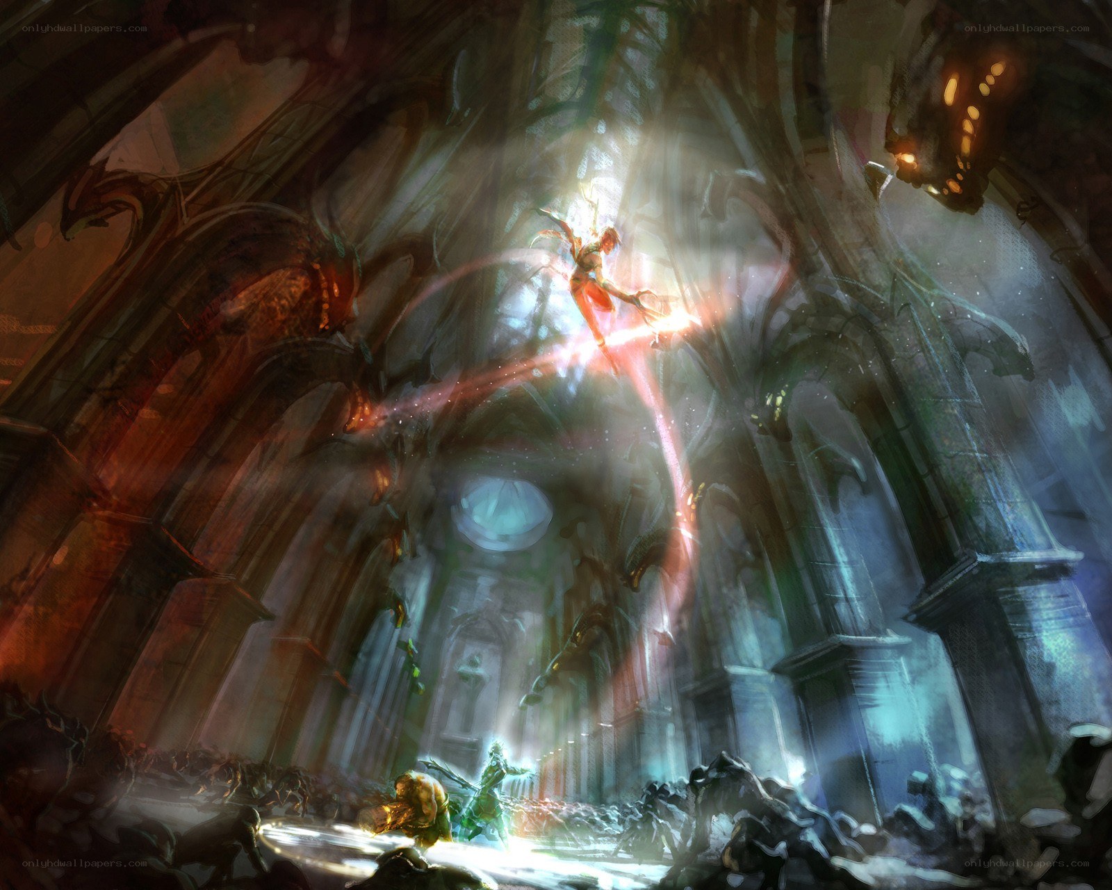 Fantasy battle in a cathedral