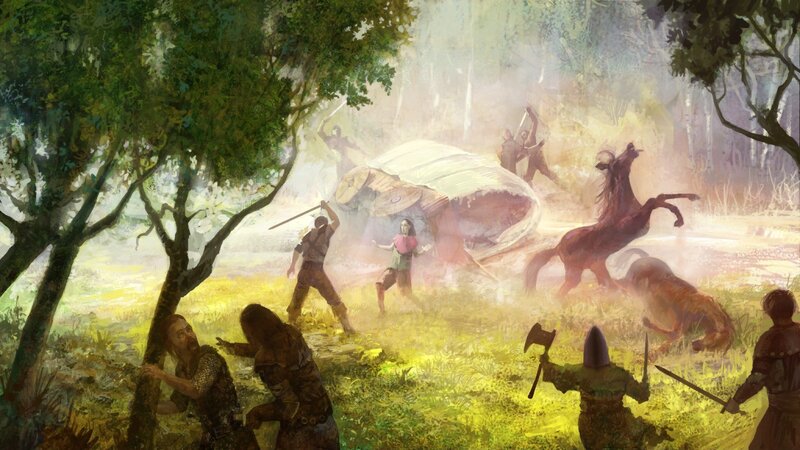 Fantasy battle in a forest clearing
