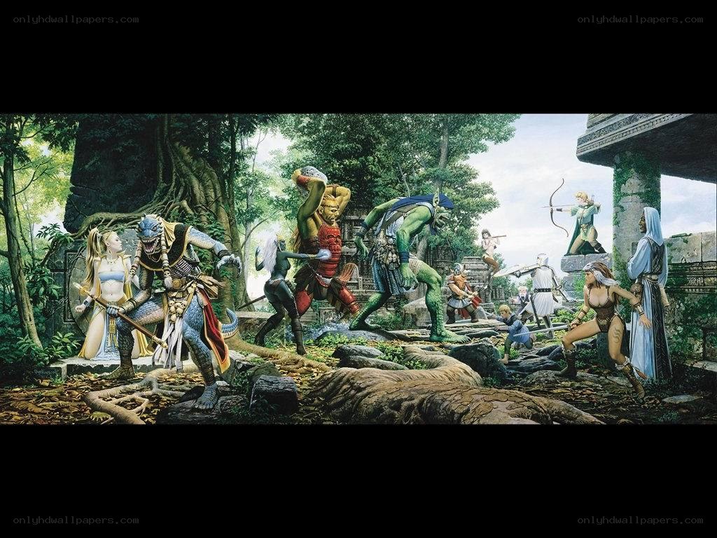 Fantasy battle in a jungle ruin