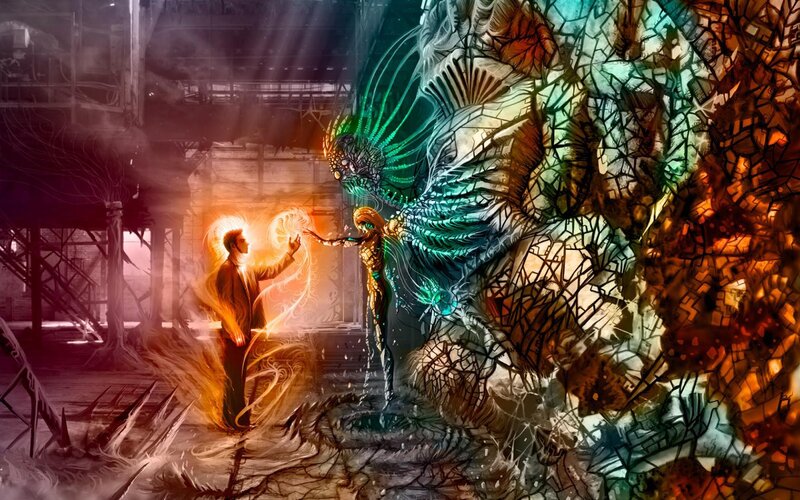 Fantasy battle in a ruined city