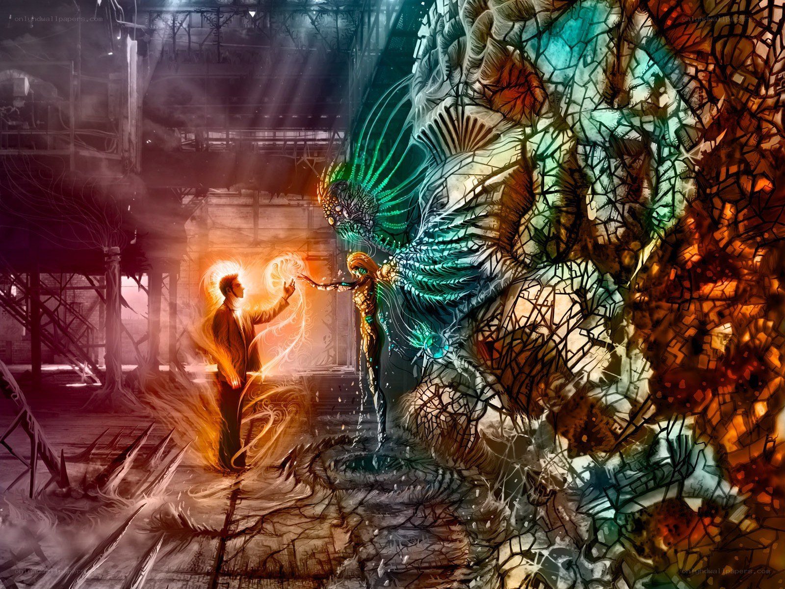 Fantasy battle in a ruined hall