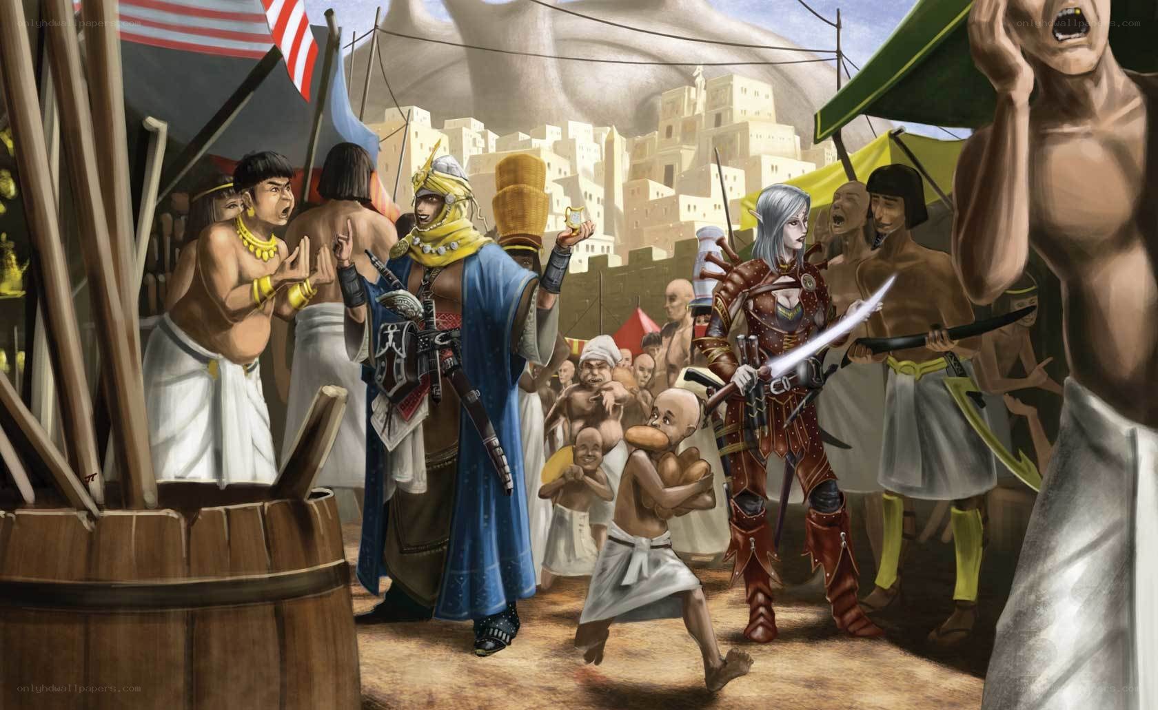 Fantasy battle in ancient city