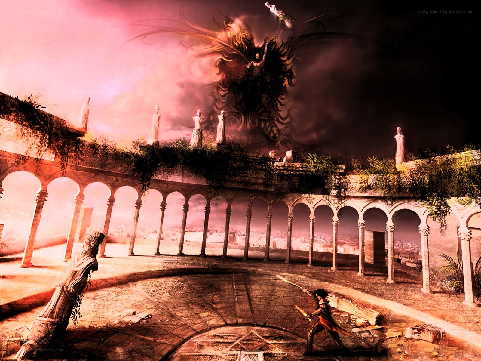 Fantasy battle in ancient courtyard
