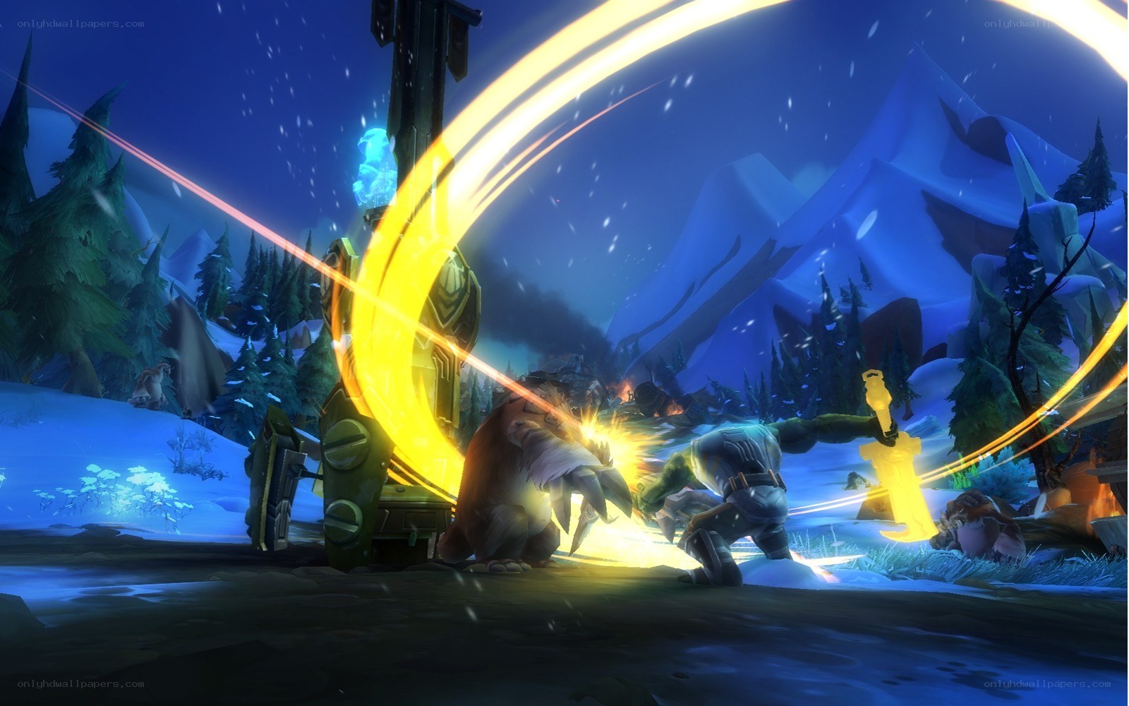 Fantasy battle in snowy landscape