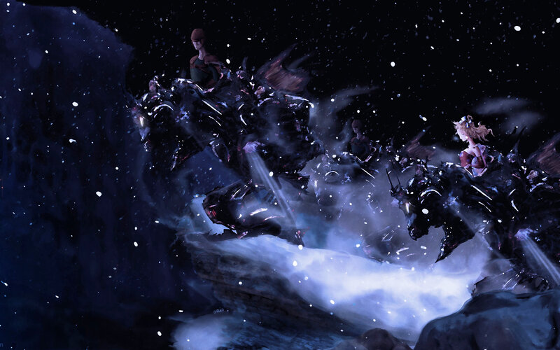 Fantasy battle on dark cliffs