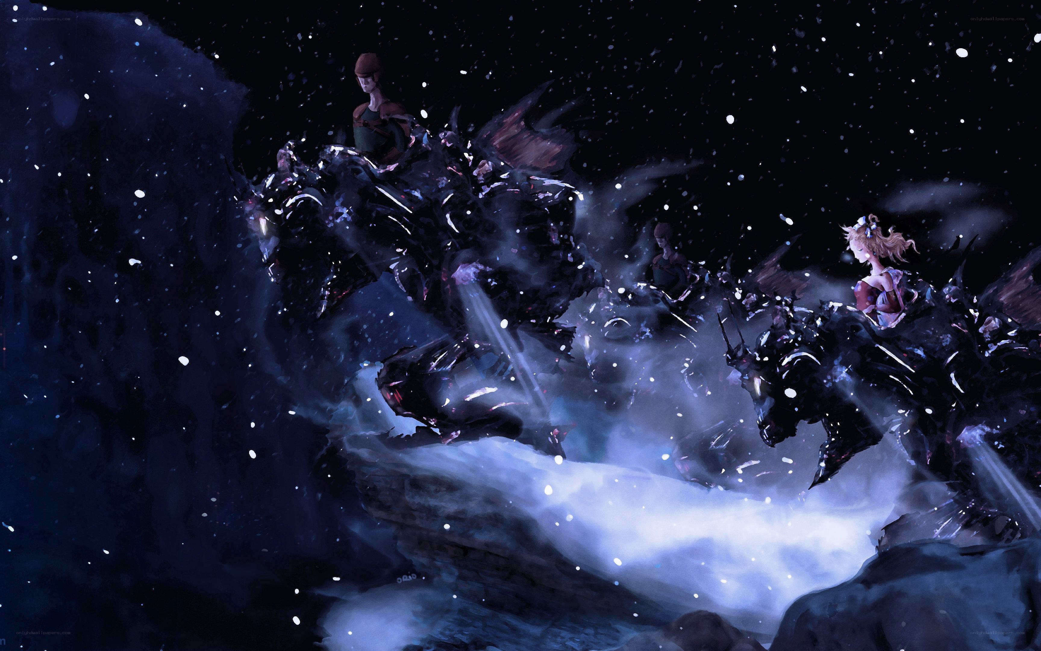 Fantasy battle on dark cliffs
