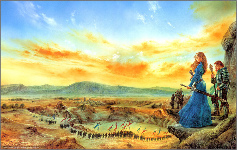 Fantasy battle scene at sunset