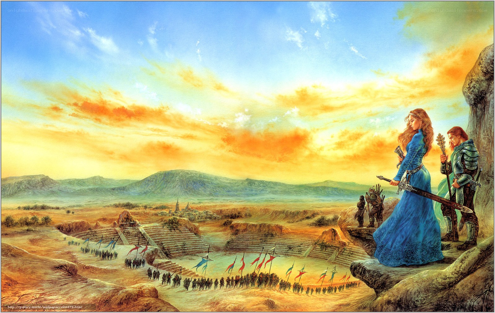 Fantasy battle scene at sunset