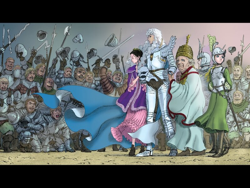 Fantasy battle scene with armored figures