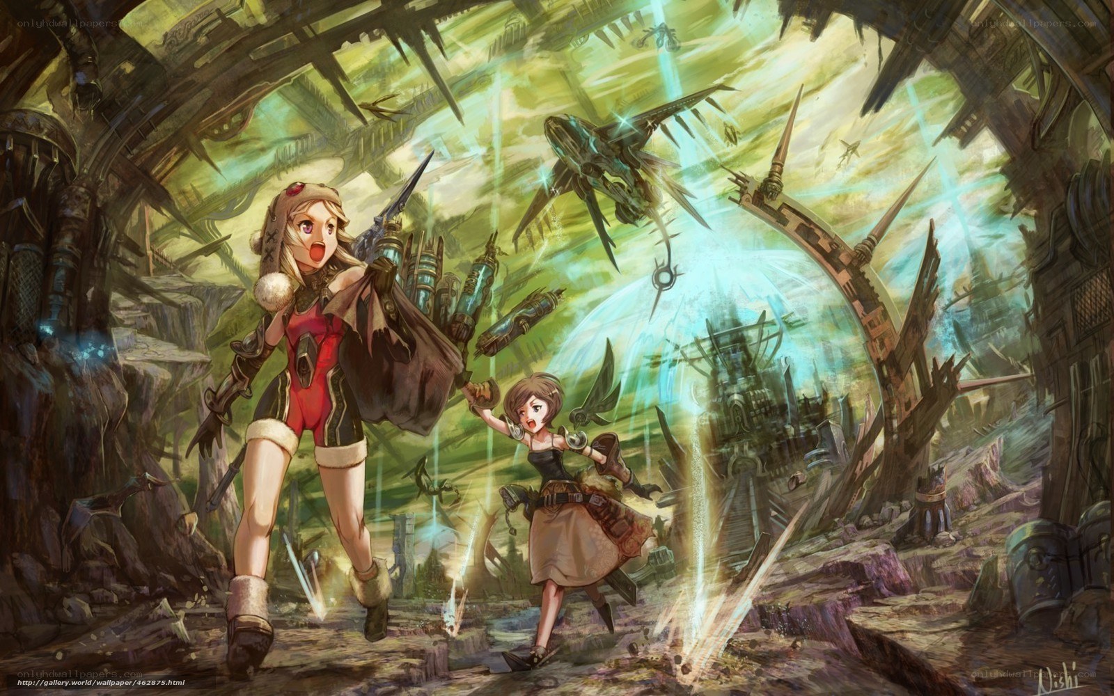 Fantasy battle scene with two girls
