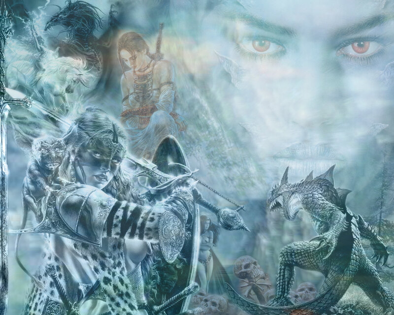 Fantasy battle scene with warriors and dragons