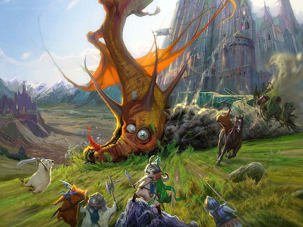 Fantasy battle with giant dragon