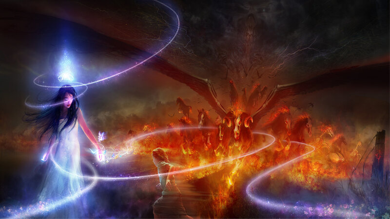 Fantasy battle with light and dark forces
