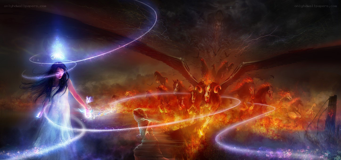 Fantasy battle with light and fire