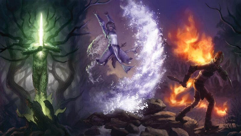 Fantasy battle with magic and fire