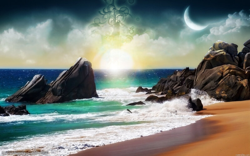 fantasy beach with moon and sun
