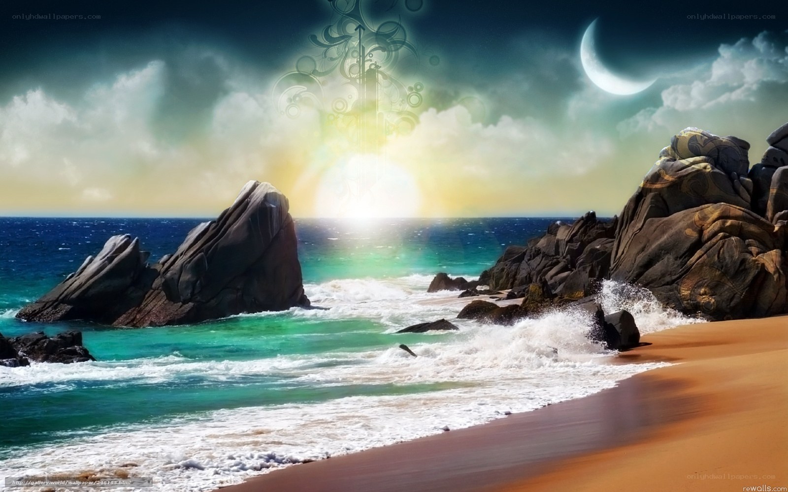 fantasy beach with moon and sun