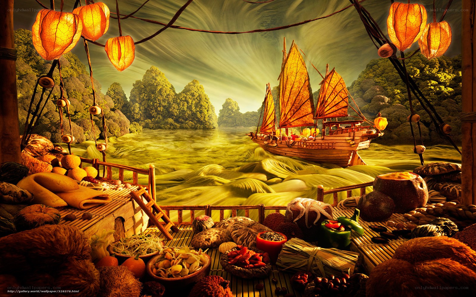 Fantasy boat on a food landscape