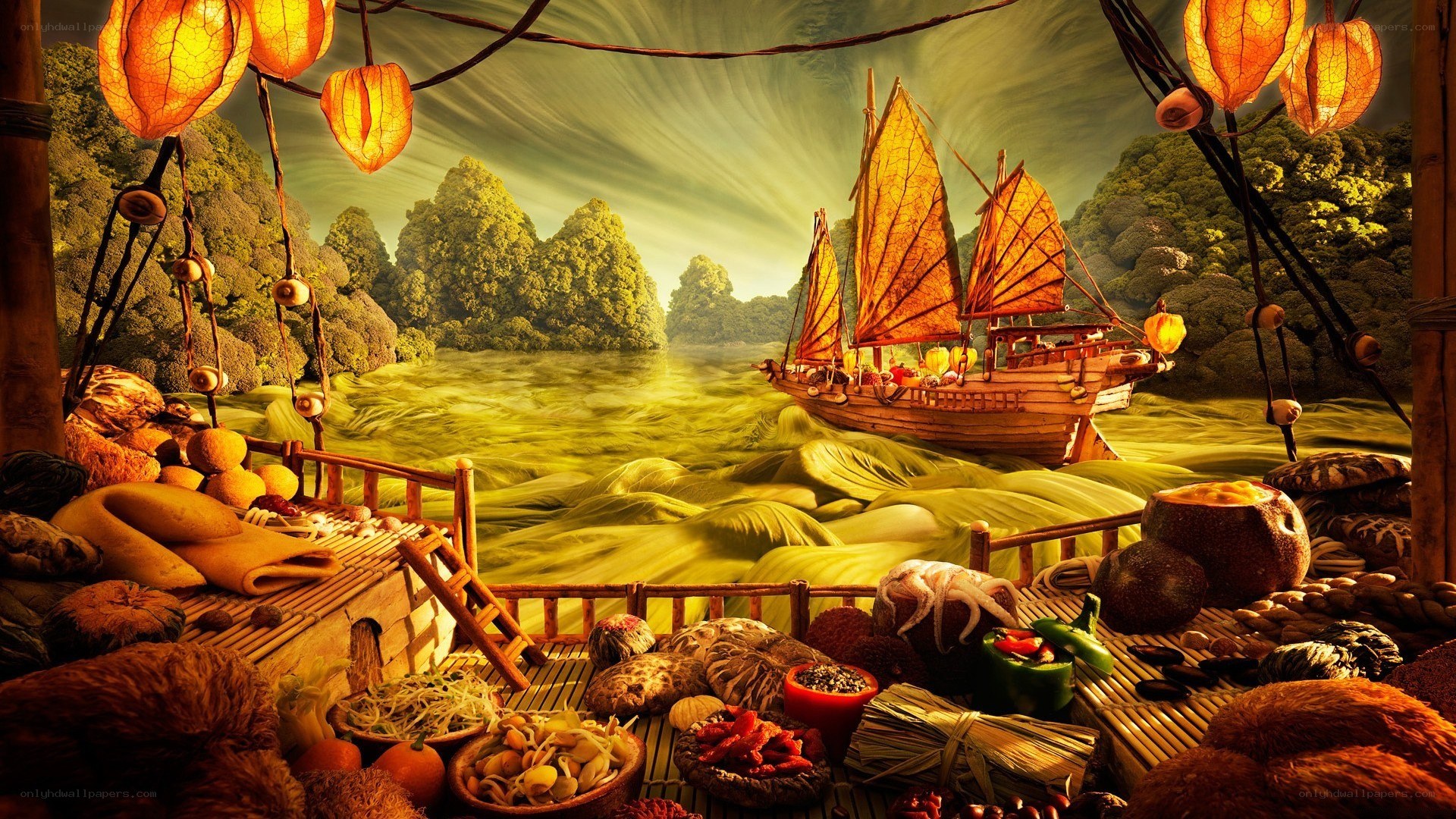 Fantasy boat on a food river