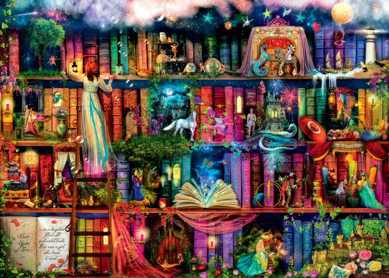 Fantasy Bookshelf Scene — Purple