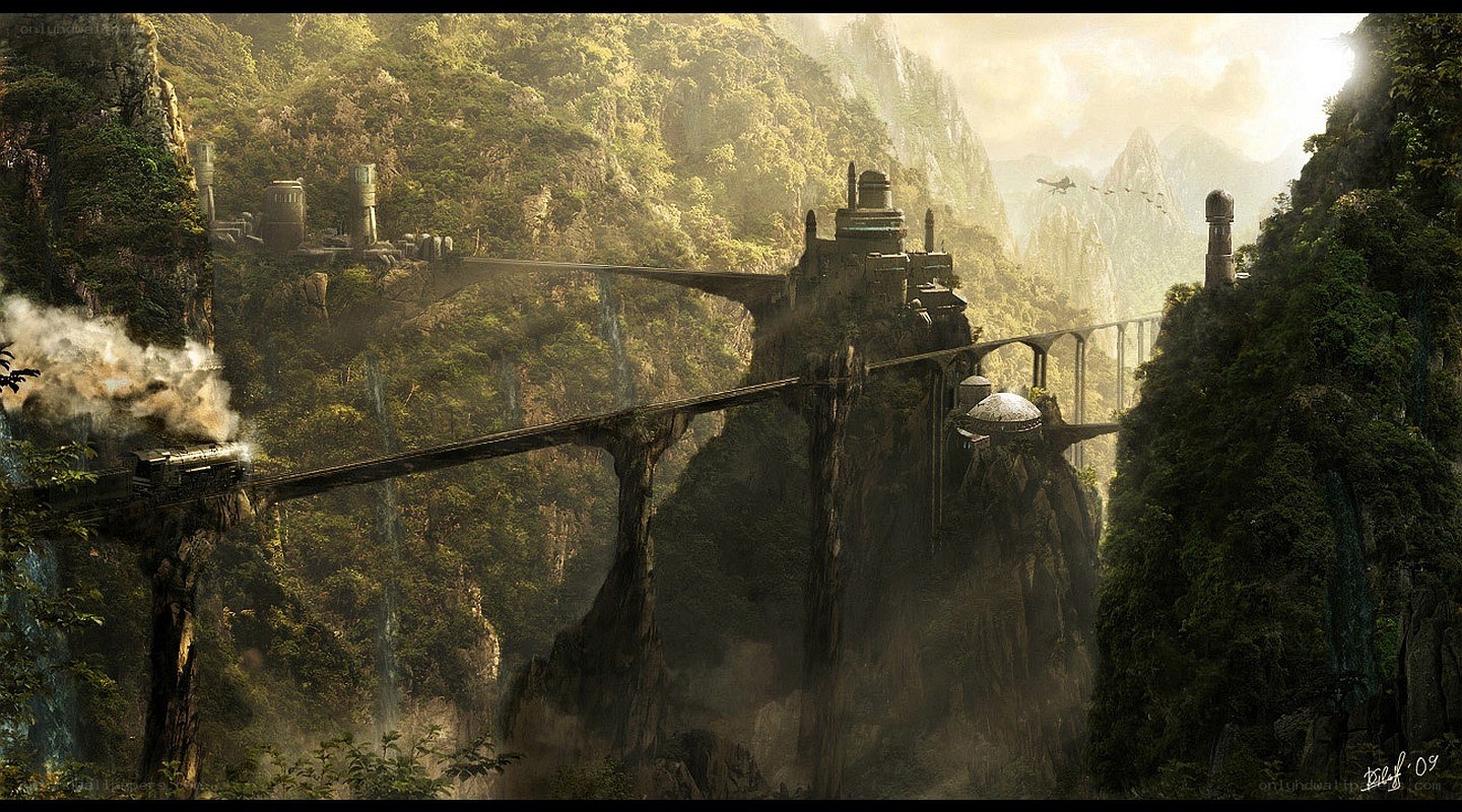 Fantasy bridge in a lush canyon