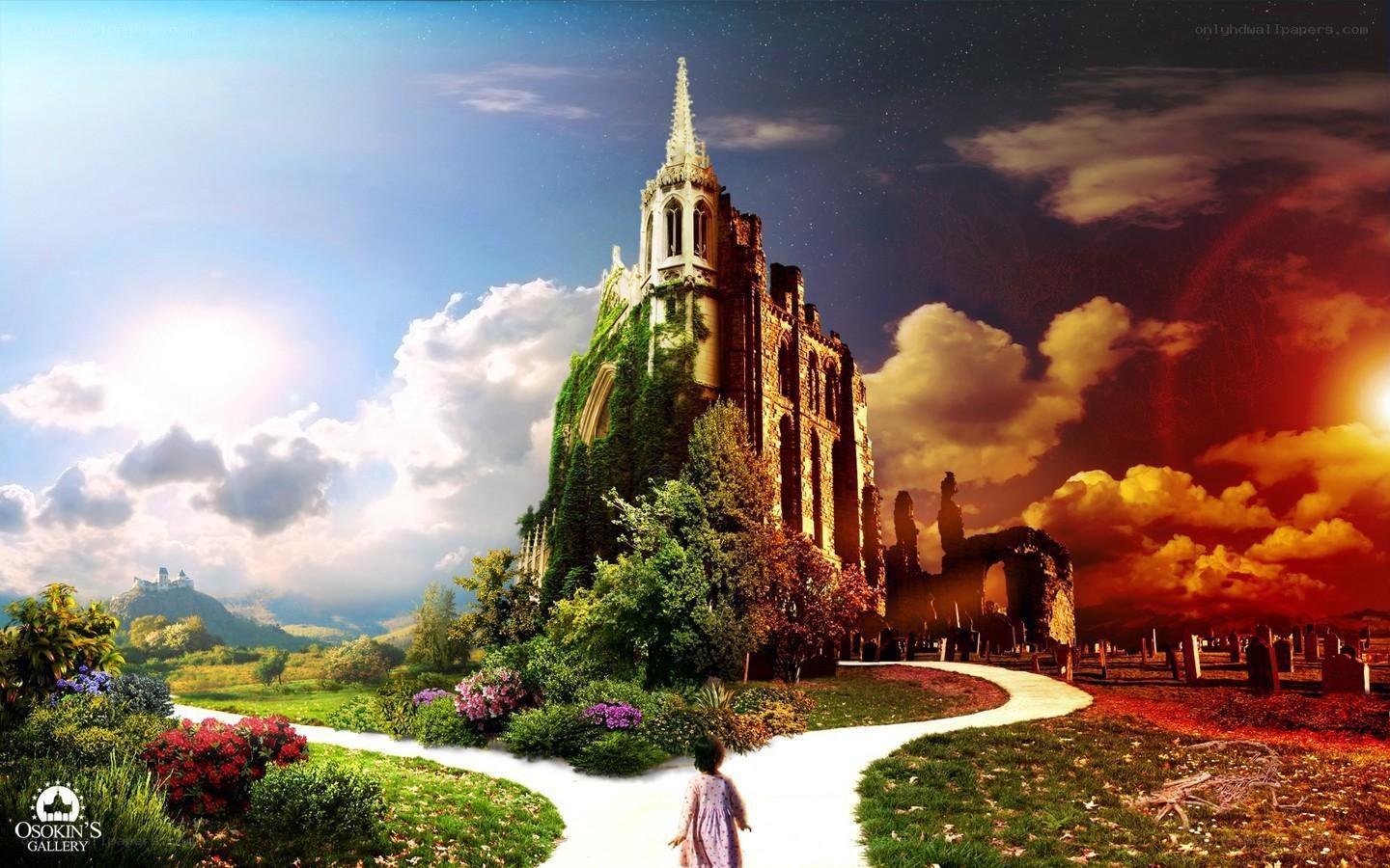 Fantasy castle at crossroads