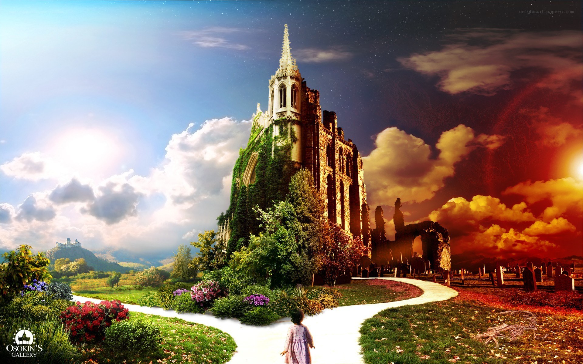Fantasy castle at crossroads