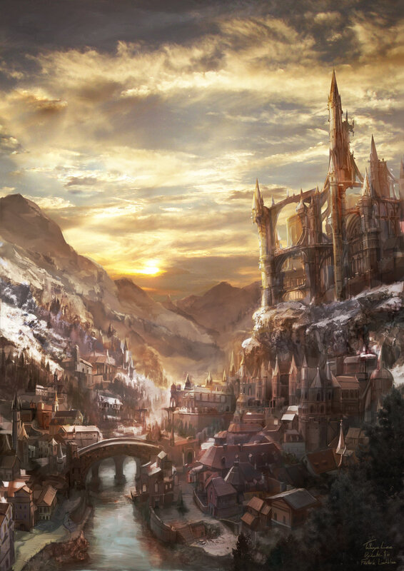 Fantasy castle at sunset