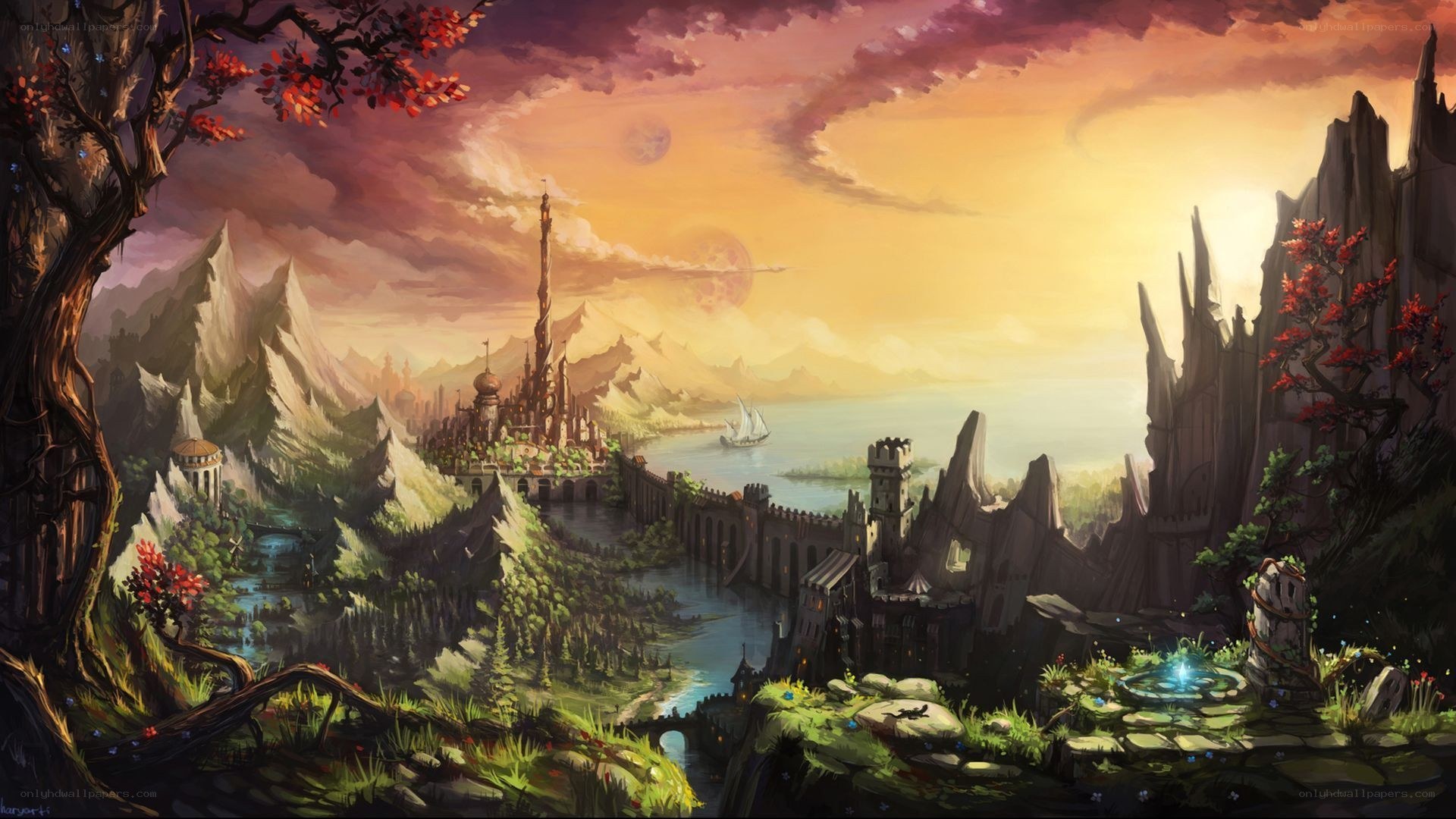 Fantasy castle at sunset