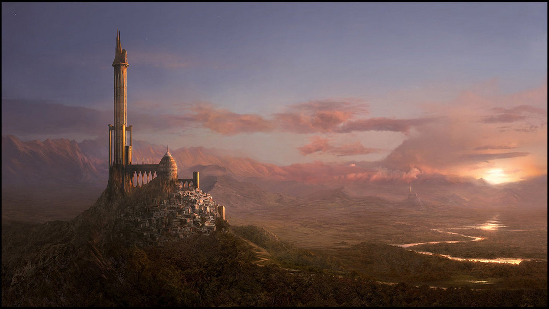 Fantasy castle at sunset