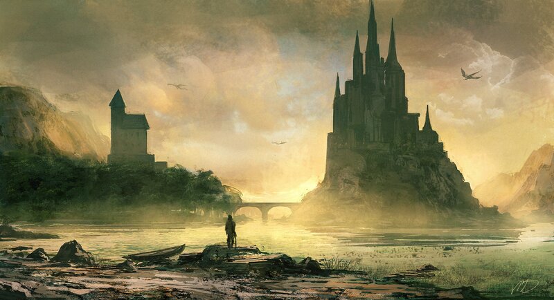 Fantasy castle at sunset