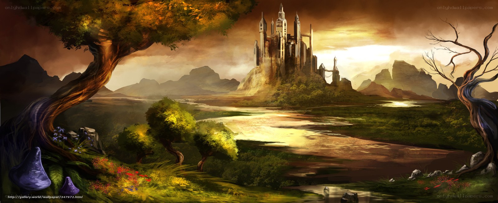 Fantasy castle at sunset