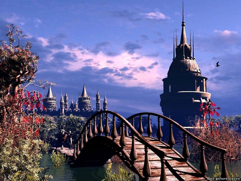 Fantasy castle by a bridge