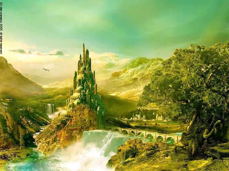 Fantasy castle by waterfall