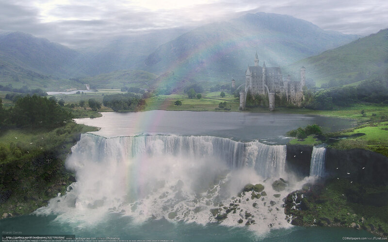 Fantasy castle by waterfall