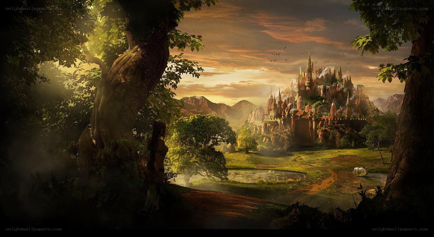 Fantasy castle in a forest clearing