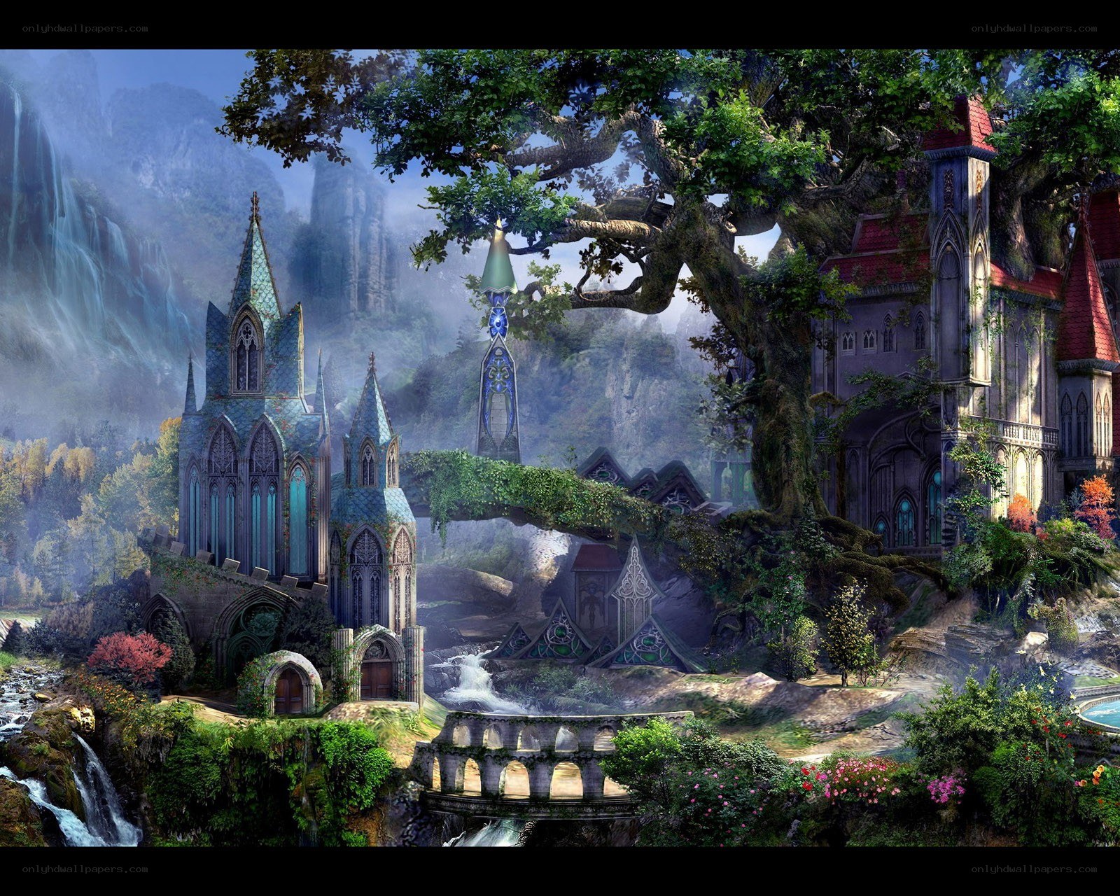 Fantasy castle in a lush valley
